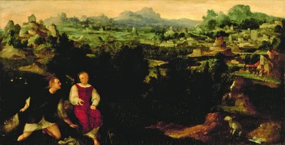 Landschap met Tobias en de Engel door Jan Scorel van Schoorl